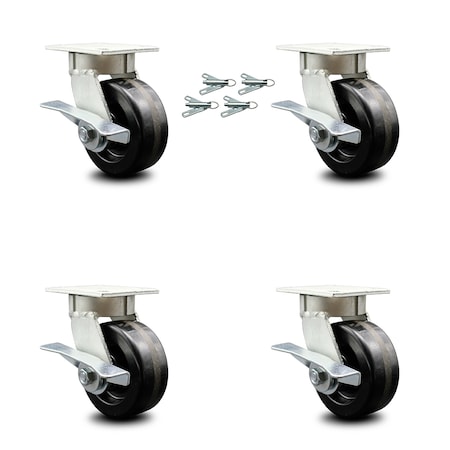 5 Inch Kingpinless Phenolic Wheel Swivel Caster Set With Brakes And Swivel Locks